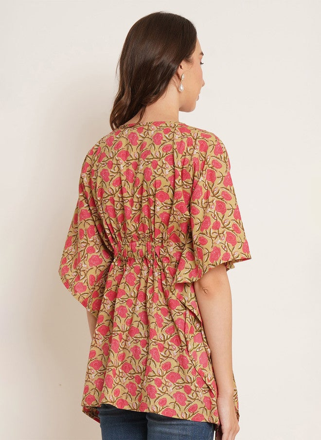 COTLAND FASHION Floral Printed V-Neck Kimono Sleeves Pure Cotton Kaftan Longline Top - Image 4
