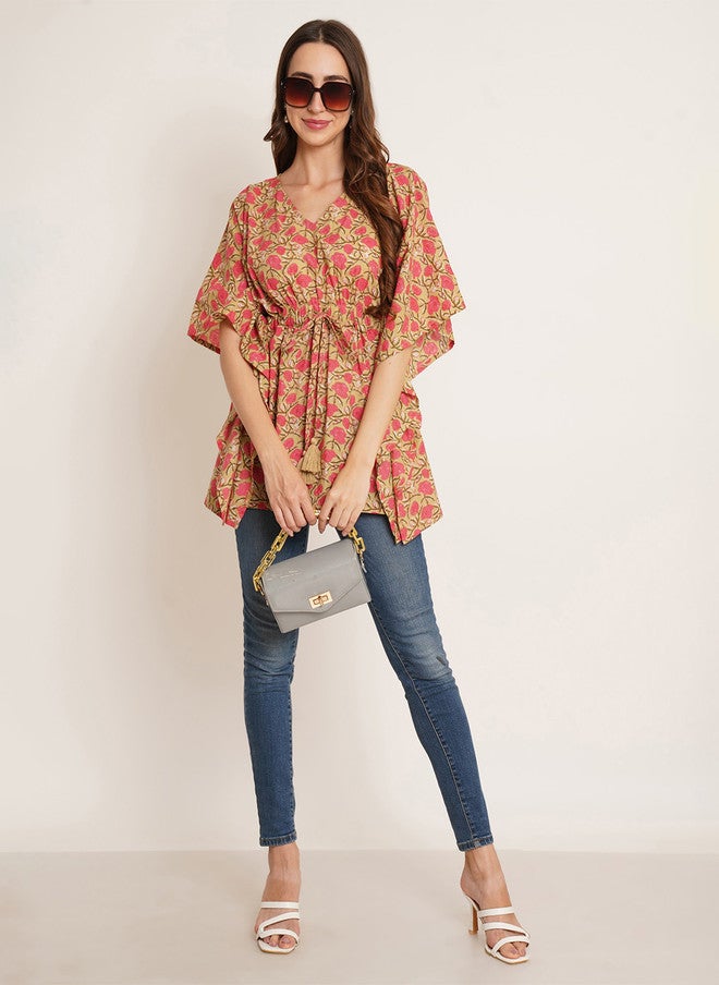 COTLAND FASHION Floral Printed V-Neck Kimono Sleeves Pure Cotton Kaftan Longline Top - Image 5