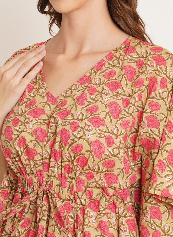 COTLAND FASHION Floral Printed V-Neck Kimono Sleeves Pure Cotton Kaftan Longline Top - Image 2