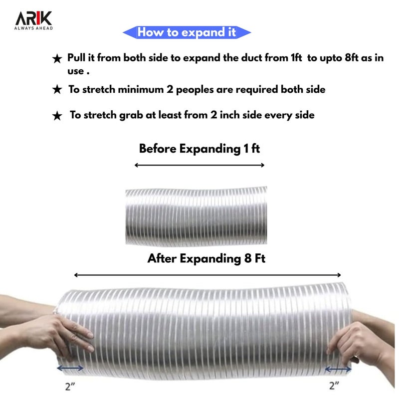 ARIK Kitchen Chimney Installation Kit Aluminium Exhaust Pipe (8 Feet) with free Cowl Cover 1 Pcs Aluminium Silver Tape 2 Mtr Roll, 2Pcs Clamps Flexible Aluminum Duct Pipe for Kitchen Chimney - Image 3