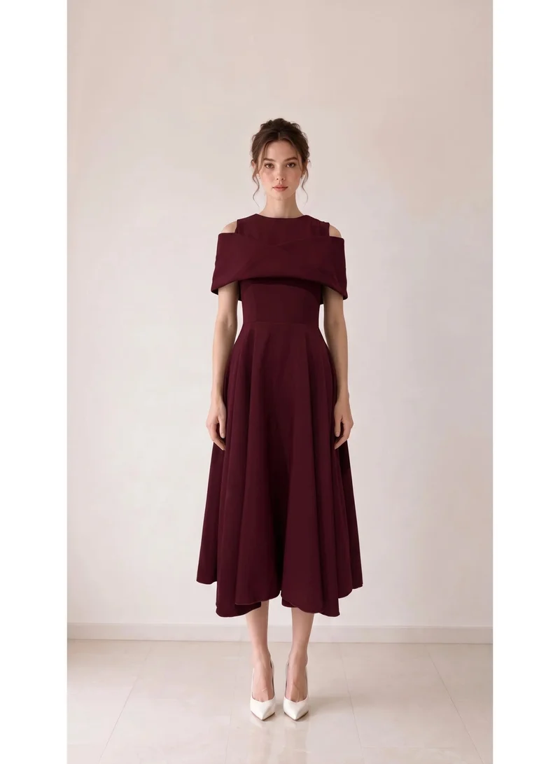 2Trendy Midi Dress with Cold Shoulder Cutouts, Crossover Shoulder Layer and Flared Skirt - Burgundy
