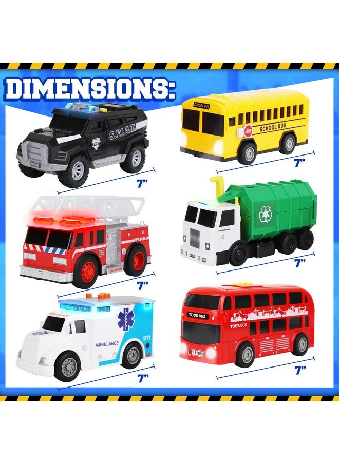 PLAYKIDIZ Toy Cars For Toddlers - 6Pcs Pull Back Cars Toys With Light And Sounds, City And Emergency Vehicles Set, Including Police Car, Fire Truck, Ambulance, School Bus, Tour Bus, Garbage Truck  - Image 5