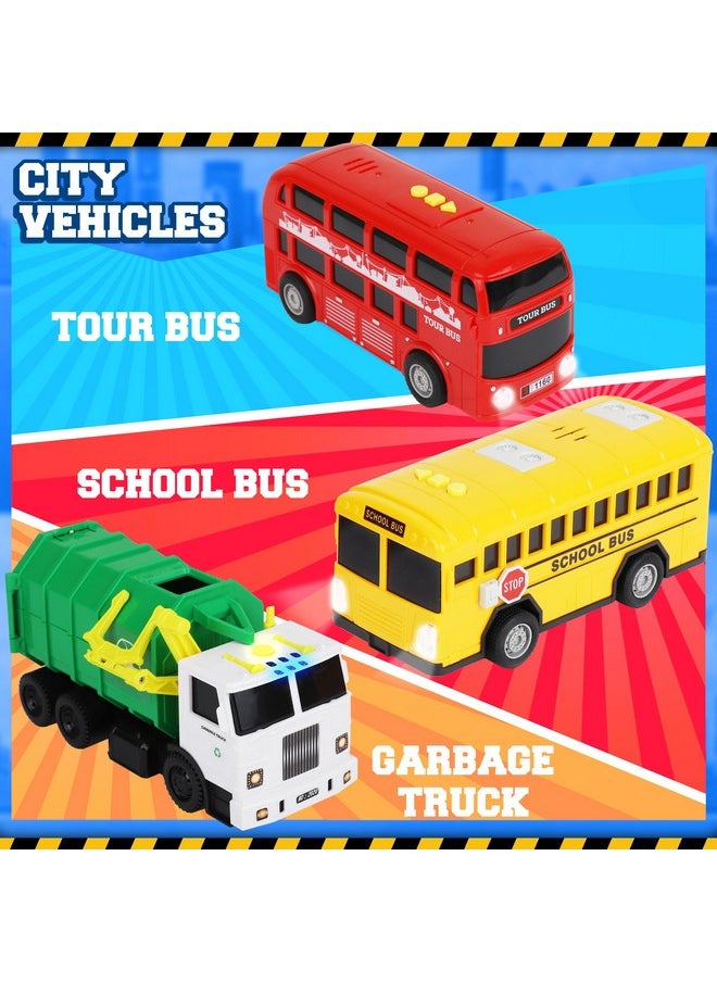 PLAYKIDIZ Toy Cars For Toddlers - 6Pcs Pull Back Cars Toys With Light And Sounds, City And Emergency Vehicles Set, Including Police Car, Fire Truck, Ambulance, School Bus, Tour Bus, Garbage Truck  - Image 4