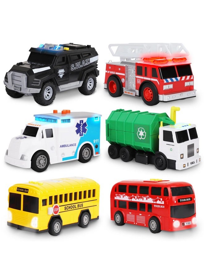 PLAYKIDIZ Toy Cars For Toddlers - 6Pcs Pull Back Cars Toys With Light And Sounds, City And Emergency Vehicles Set, Including Police Car, Fire Truck, Ambulance, School Bus, Tour Bus, Garbage Truck  - Image 2