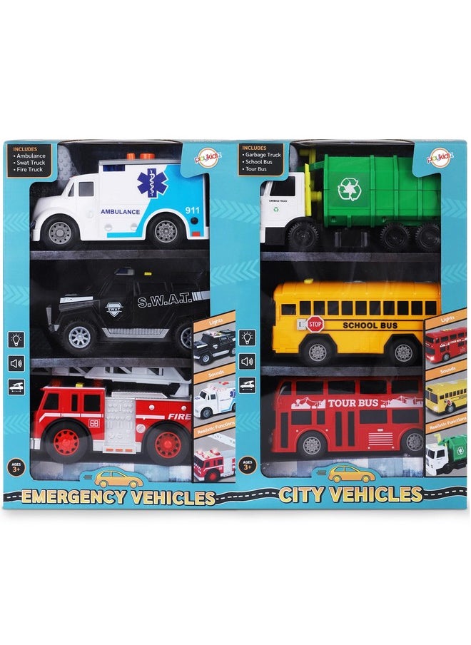 PLAYKIDIZ Toy Cars For Toddlers - 6Pcs Pull Back Cars Toys With Light And Sounds, City And Emergency Vehicles Set, Including Police Car, Fire Truck, Ambulance, School Bus, Tour Bus, Garbage Truck  - Image 1