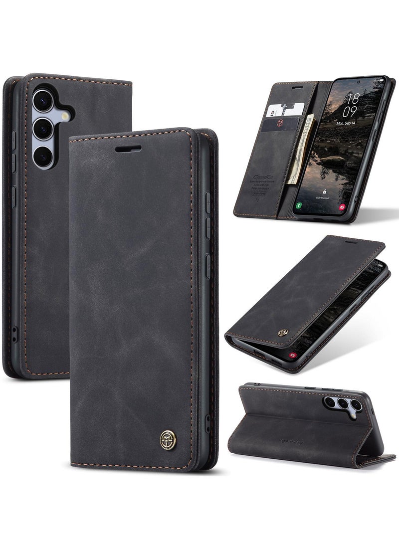 CaseMe Samsung Galaxy S25 Wallet Case Book Folding Flip Folio Case with Magnetic Kickstand Card Slots Protective Cover - Black - Image 1