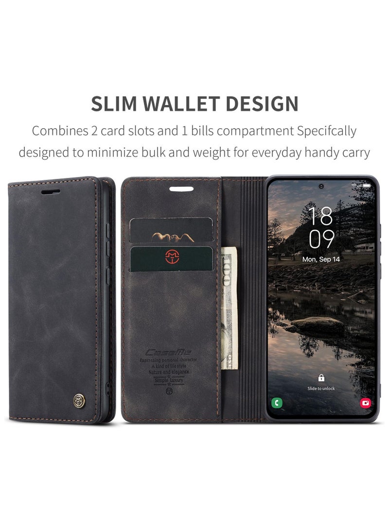 CaseMe Samsung Galaxy S25 Wallet Case Book Folding Flip Folio Case with Magnetic Kickstand Card Slots Protective Cover - Black - Image 2