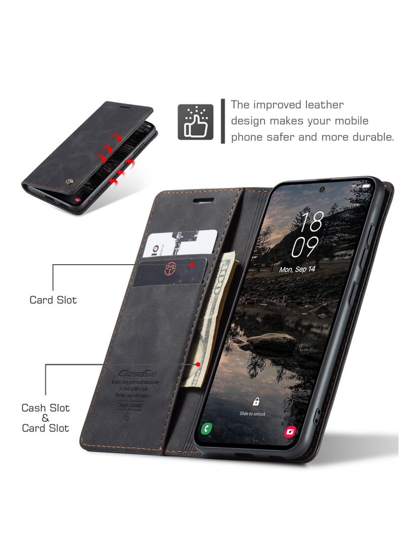 CaseMe Samsung Galaxy S25 Wallet Case Book Folding Flip Folio Case with Magnetic Kickstand Card Slots Protective Cover - Black - Image 3