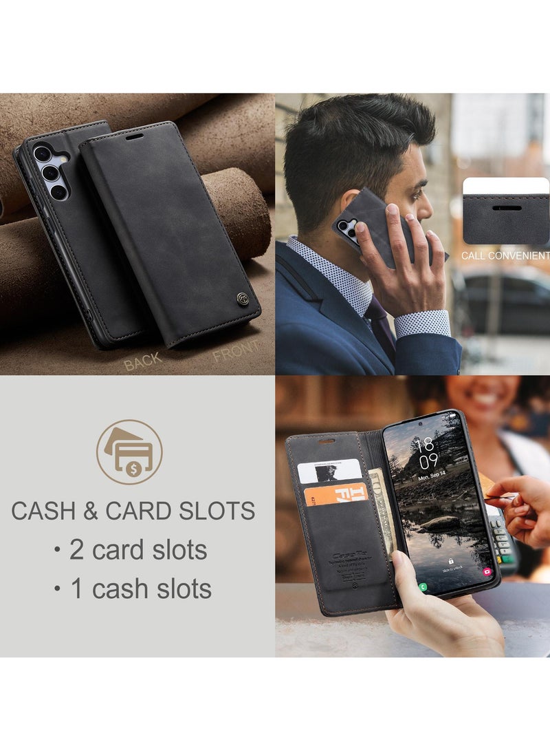 CaseMe Samsung Galaxy S25 Wallet Case Book Folding Flip Folio Case with Magnetic Kickstand Card Slots Protective Cover - Black - Image 4