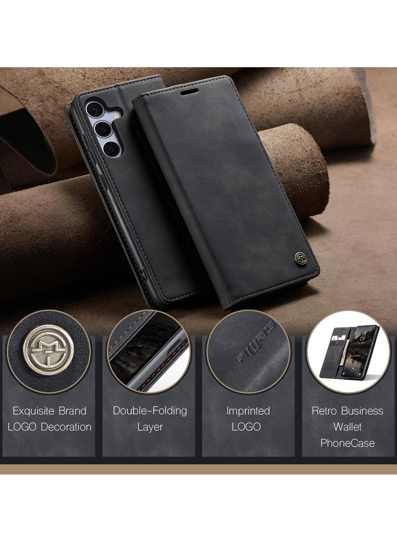 CaseMe Samsung Galaxy S25 Wallet Case Book Folding Flip Folio Case with Magnetic Kickstand Card Slots Protective Cover - Black - Image 5
