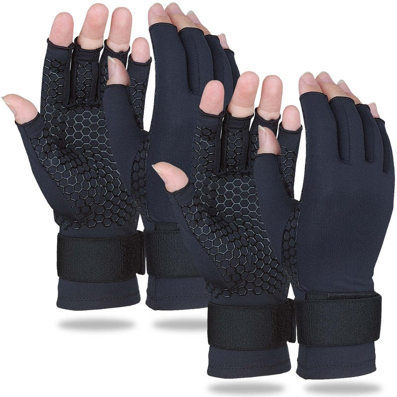 2 Pairs Copper Arthritis Gloves for Women Men Compression Gloves with Adjust Strap for Arthritis Wrist Support Hand Pain Fingerless Computer Typing Gloves for Carpal Tunnel RSI SmallMedium