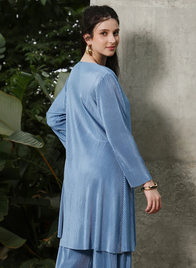 QISSA Qissa Women's Powder Blue Solid Pleated Kurta Set For Ethnic Wear | Round Neck, Long Regular Sleeves | Solid Pleated Fabric | 2 Piece Kurta Set Designed For Casual & Daily Wear