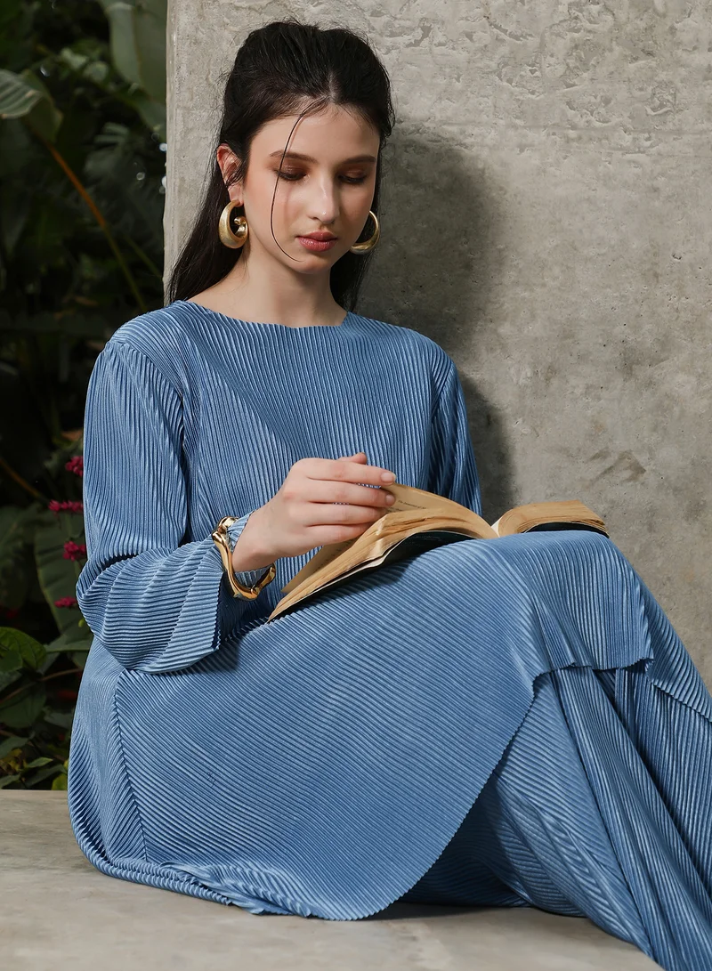QISSA Qissa Women's Powder Blue Solid Pleated Kurta Set For Ethnic Wear | Round Neck, Long Regular Sleeves | Solid Pleated Fabric | 2 Piece Kurta Set Designed For Casual & Daily Wear