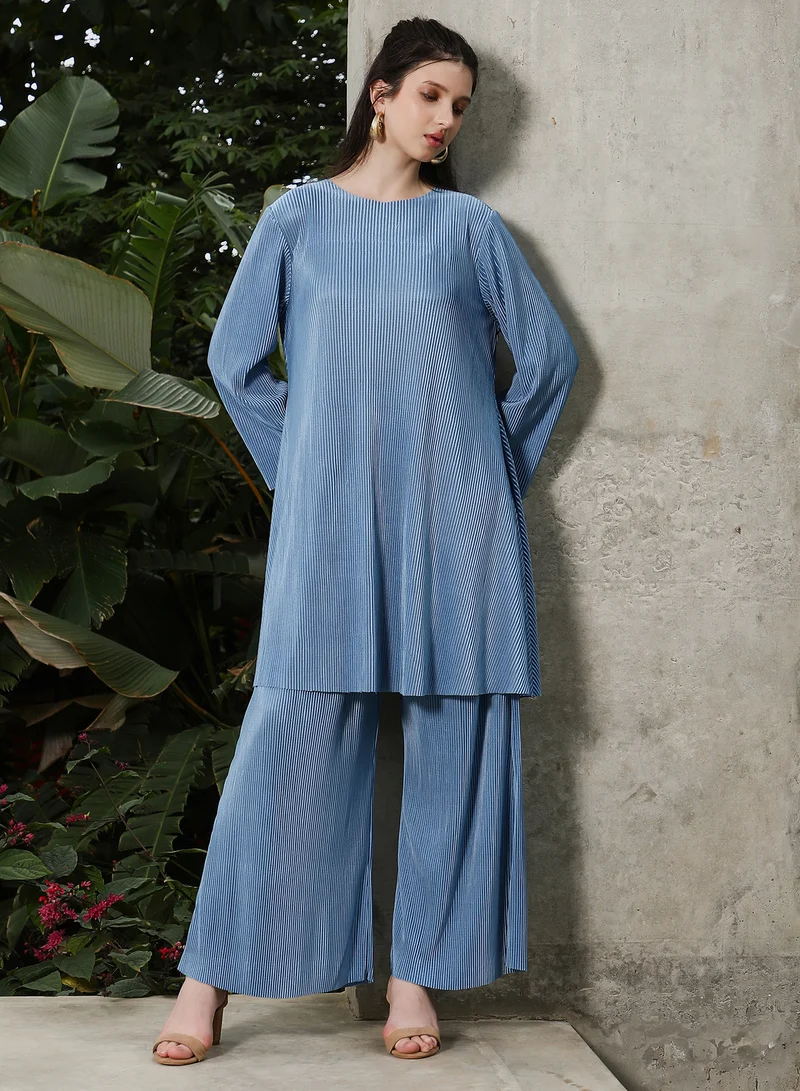 QISSA Qissa Women's Powder Blue Solid Pleated Kurta Set For Ethnic Wear | Round Neck, Long Regular Sleeves | Solid Pleated Fabric | 2 Piece Kurta Set Designed For Casual & Daily Wear