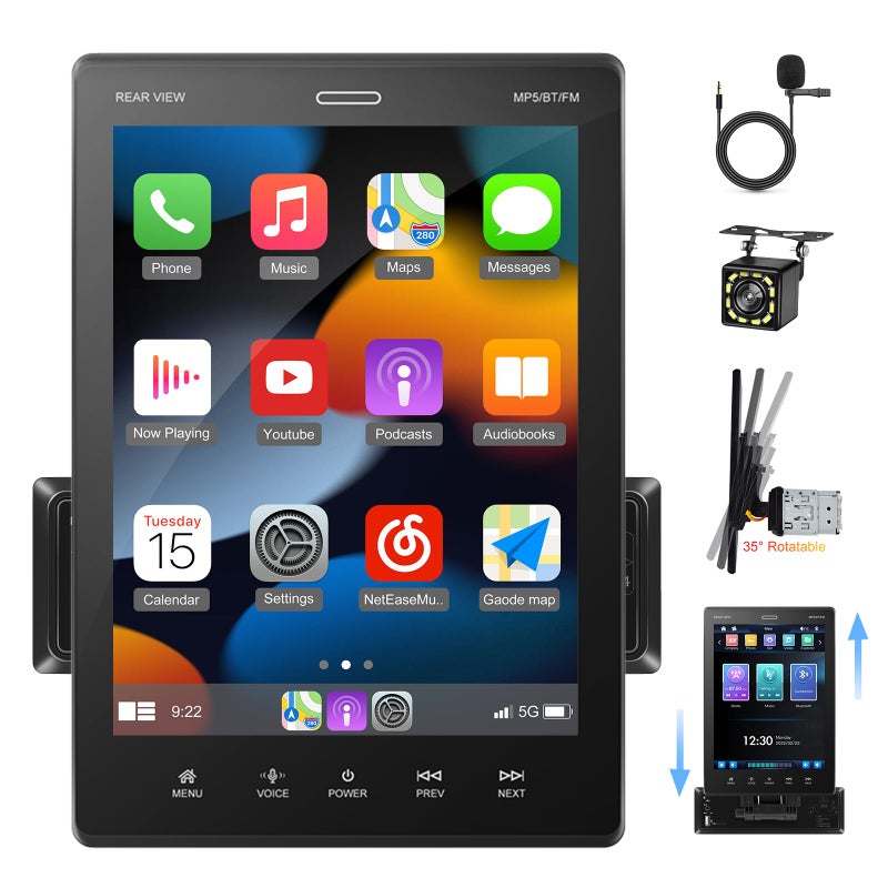 EKAT 9.5 inch CarPlay Single Din Car Stereo with Wired Car Play and Android Auto, Vertical Touch Screen 1 Din Radio with Mirror Link/1080P/EQ Audio/SWC/Bluetooth +Backup Camera - Image 1