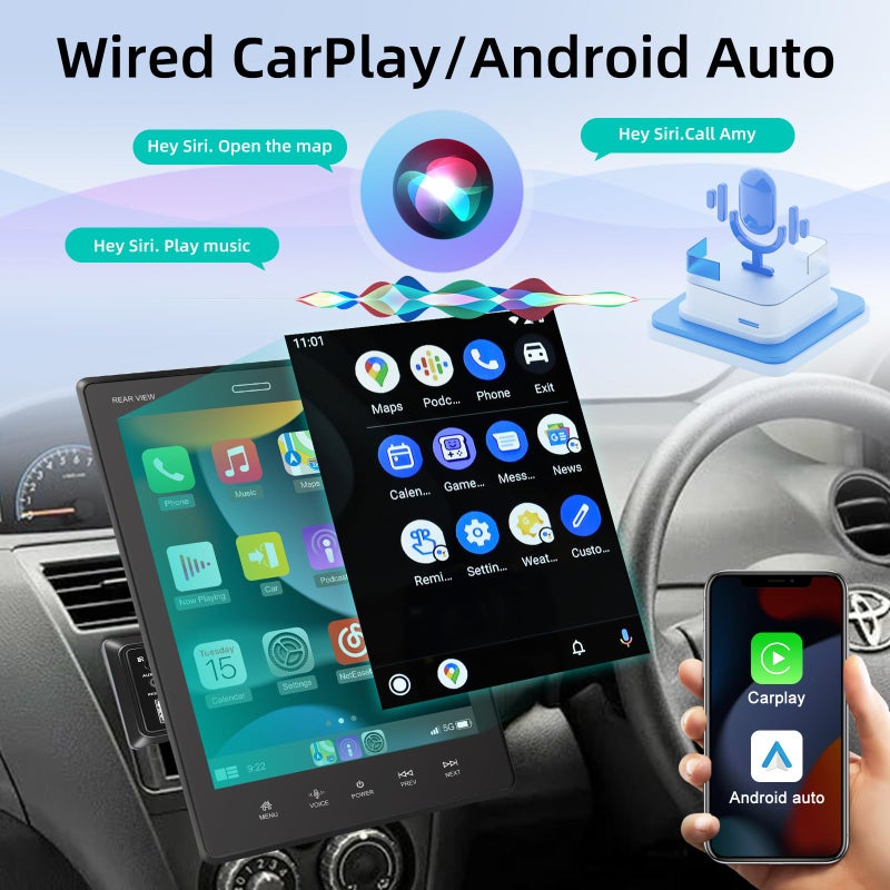 EKAT 9.5 inch CarPlay Single Din Car Stereo with Wired Car Play and Android Auto, Vertical Touch Screen 1 Din Radio with Mirror Link/1080P/EQ Audio/SWC/Bluetooth +Backup Camera - Image 2