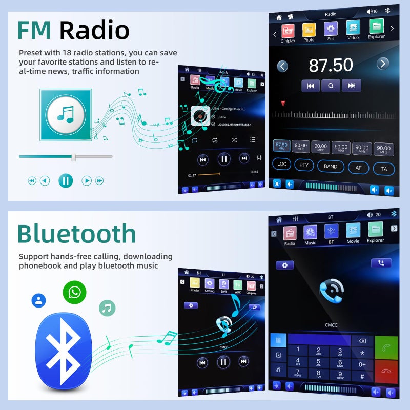 EKAT 9.5 inch CarPlay Single Din Car Stereo with Wired Car Play and Android Auto, Vertical Touch Screen 1 Din Radio with Mirror Link/1080P/EQ Audio/SWC/Bluetooth +Backup Camera - Image 4