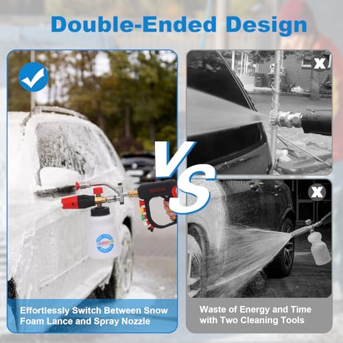 DUSICHIN Pressure Washer Short Gun Foam Cannon 1/4" Quick Connector,Car Wash Foam Gun Kit Dual Connector Accessory,Double Tip Attachment For Soap Cannon with 5 Nozzle Tips DUS2501 - Image 2