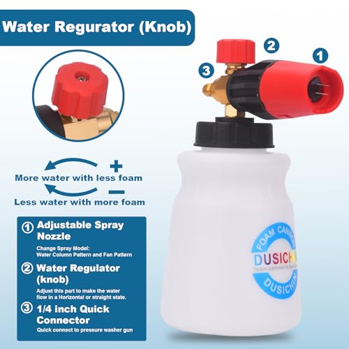 DUSICHIN Pressure Washer Short Gun Foam Cannon 1/4" Quick Connector,Car Wash Foam Gun Kit Dual Connector Accessory,Double Tip Attachment For Soap Cannon with 5 Nozzle Tips DUS2501 - Image 4