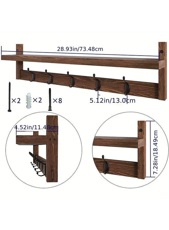 Brown Wall Mounted Wooden Coat Rack with Hooks Space Saving Easy Install Storage - Image 5