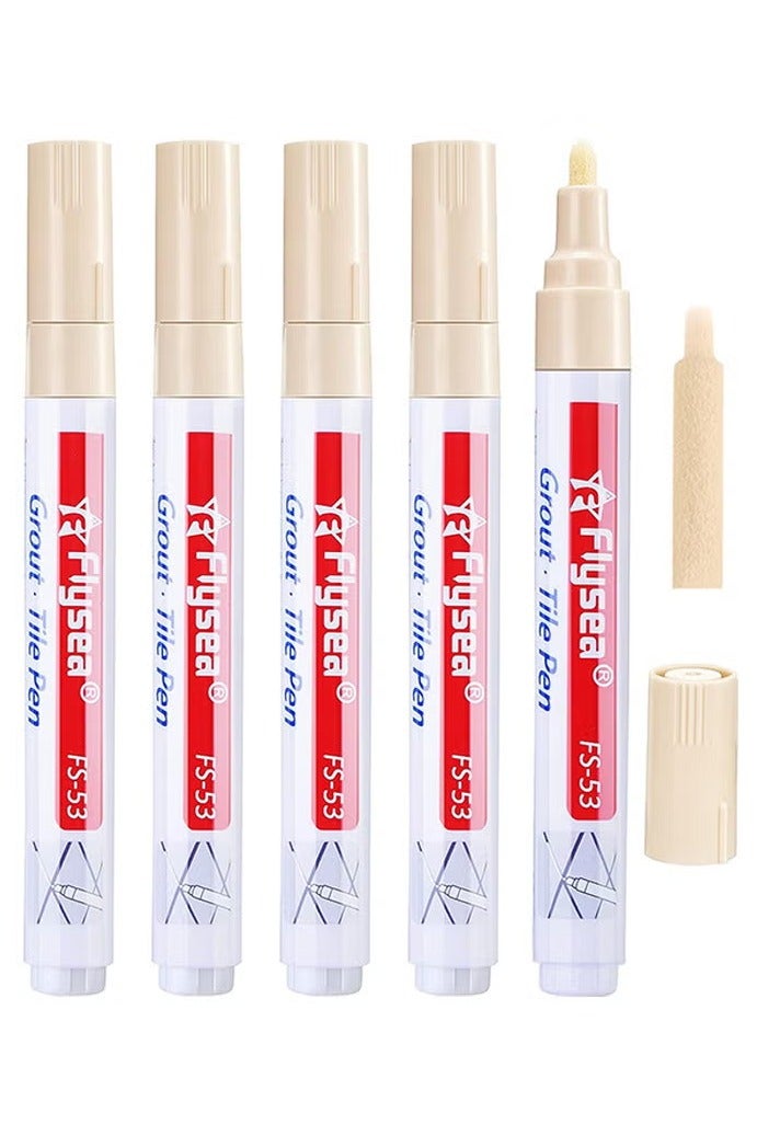 Flysea 5 Pieces Tile Pen Wall Grout Restorer Pen Repair Marker Grout Filler Pen For Restoring Tile Grout Wall Floor Bathrooms And Kitchen (Beige) - Image 1