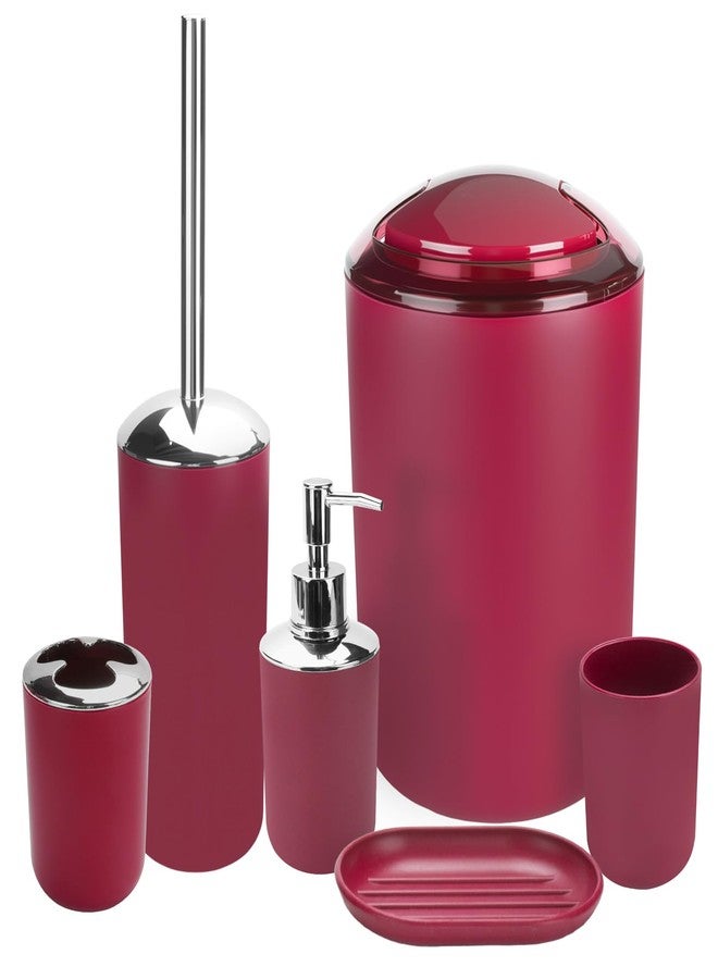 RRM Bathroom Accessories Set, 6Pcs Bathroom Accessory Set Includes Toothbrush Holder, Soap Dispenser, Soap Dish, Toothbrush Cup, Toilet Brush, Trash can for Bathroom Countertop Decor(Burgundy) - Image 1