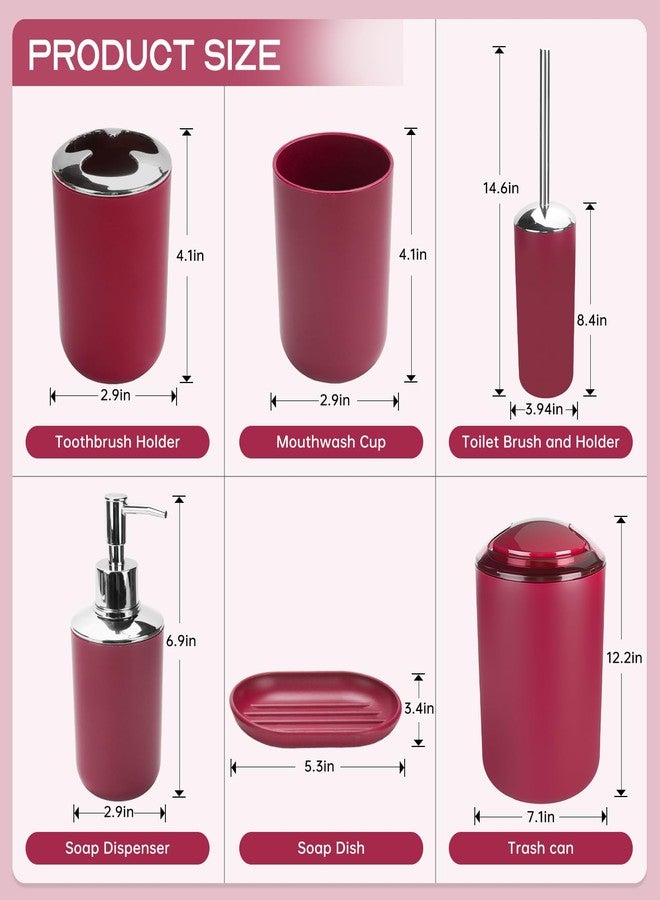 RRM Bathroom Accessories Set, 6Pcs Bathroom Accessory Set Includes Toothbrush Holder, Soap Dispenser, Soap Dish, Toothbrush Cup, Toilet Brush, Trash can for Bathroom Countertop Decor(Burgundy) - Image 2