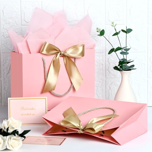 JMANNI Medium Size Gift Bags - 2Pcs Paper Gift Bag with Handles, 4 Tissue Paper & 2 Greeting Cards for Women, Girls, Bridesmaid, Birthday, Valentines, Wedding, Party (Pink) - Image 4