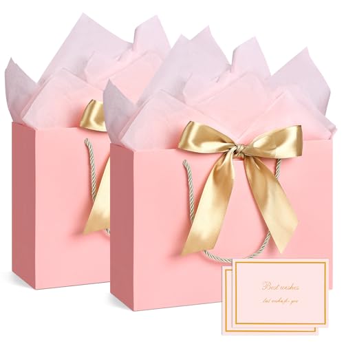 JMANNI Medium Size Gift Bags - 2Pcs Paper Gift Bag with Handles, 4 Tissue Paper & 2 Greeting Cards for Women, Girls, Bridesmaid, Birthday, Valentines, Wedding, Party (Pink) - Image 1