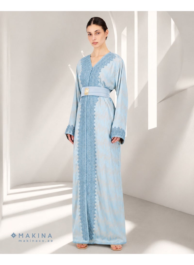 MAKINA A Royal Moroccan Kaftan Cotton Crepe, Sky Blue - Image 1