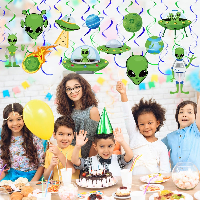 Capoda 54 Pcs Alien Decorations Hanging Swirls No DIY UFO Theme Party Ceiling Decorations Green Alien Outer Space Saucer Man Hanging Swirls for Boys Girls Halloween Birthday Baby Shower Supplies - Image 5