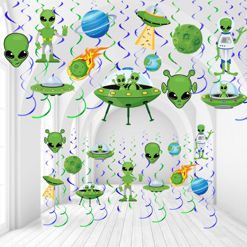 Capoda 54 Pcs Alien Decorations Hanging Swirls No DIY UFO Theme Party Ceiling Decorations Green Alien Outer Space Saucer Man Hanging Swirls for Boys Girls Halloween Birthday Baby Shower Supplies - Image 1