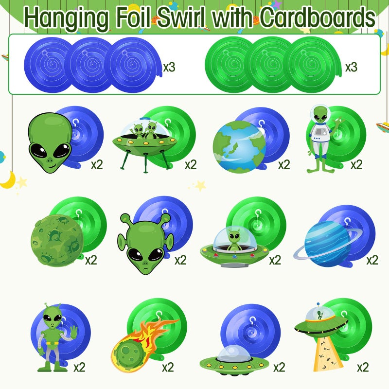 Capoda 54 Pcs Alien Decorations Hanging Swirls No DIY UFO Theme Party Ceiling Decorations Green Alien Outer Space Saucer Man Hanging Swirls for Boys Girls Halloween Birthday Baby Shower Supplies - Image 3