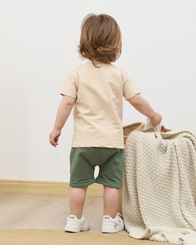 Yvowming Toddler Baby Boy Clothes Kids Summer Truck Print T Shirt Short Set with Pockets 0-4T (Apricot and Green, 2-3T) - Image 3