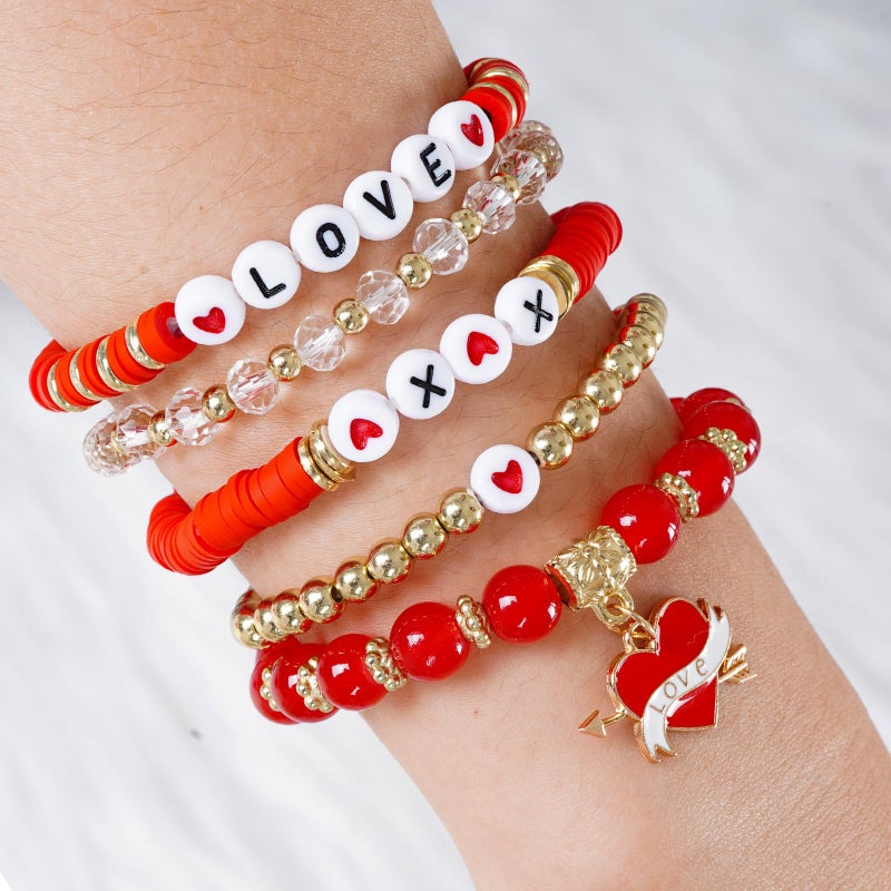 yeabwps Stacked Love & Heart Beaded Bracelets - Valentines Gifts for Her with LOVE Heart Charm for Girlfriend, Lover, Best Friends, Wife, Women (Red) - Image 3
