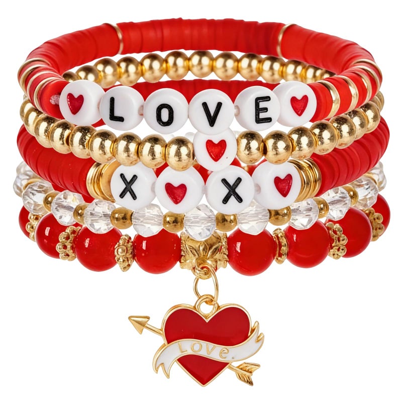 yeabwps Stacked Love & Heart Beaded Bracelets - Valentines Gifts for Her with LOVE Heart Charm for Girlfriend, Lover, Best Friends, Wife, Women (Red) - Image 1
