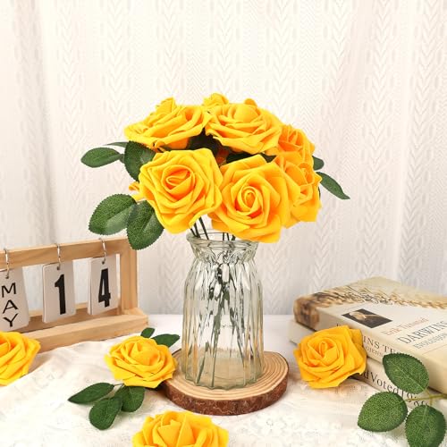 MACTING Artificial Yellow Flowers 30PCS Real Touch Fake Rose Flowers Soft Foam Roses with Stem for Floral Arrangement DIY Table Centerpieces Wedding Bouquet Party Holiday Home Fall Decorations - Image 4