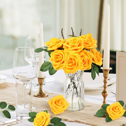 MACTING Artificial Yellow Flowers 30PCS Real Touch Fake Rose Flowers Soft Foam Roses with Stem for Floral Arrangement DIY Table Centerpieces Wedding Bouquet Party Holiday Home Fall Decorations - Image 2