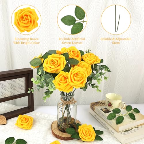 MACTING Artificial Yellow Flowers 30PCS Real Touch Fake Rose Flowers Soft Foam Roses with Stem for Floral Arrangement DIY Table Centerpieces Wedding Bouquet Party Holiday Home Fall Decorations - Image 3