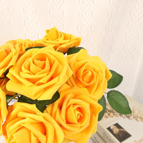 MACTING Artificial Yellow Flowers 30PCS Real Touch Fake Rose Flowers Soft Foam Roses with Stem for Floral Arrangement DIY Table Centerpieces Wedding Bouquet Party Holiday Home Fall Decorations - Image 5