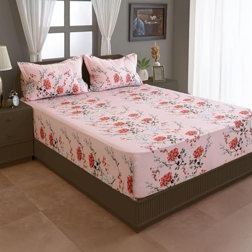 Swayam Pure Cotton Single Bedsheet with 1 Pillow Cover | Size 60 x 90 inch | 210 TC | Floral Design | Soft Breathable Bed Sheet | Comfortable & Durable for Bedroom - Pink - Image 3
