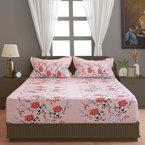 Swayam Pure Cotton Single Bedsheet with 1 Pillow Cover | Size 60 x 90 inch | 210 TC | Floral Design | Soft Breathable Bed Sheet | Comfortable & Durable for Bedroom - Pink - Image 4