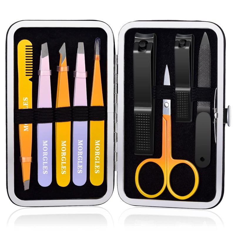 MORGLES Tweezers Set Professional Nail Clippers and Tweezer Kit for Women and Men with Leather Travel Case 9 Pack