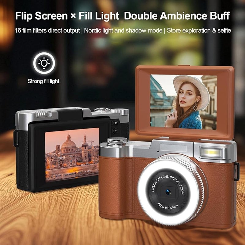 Vbestlife 4K 48MP Digital Camera 18X Zoom Autofocus Vlog Camera With 180 Flip Screen Compact Travel Camera For Beginner Teens Brown - Image 3