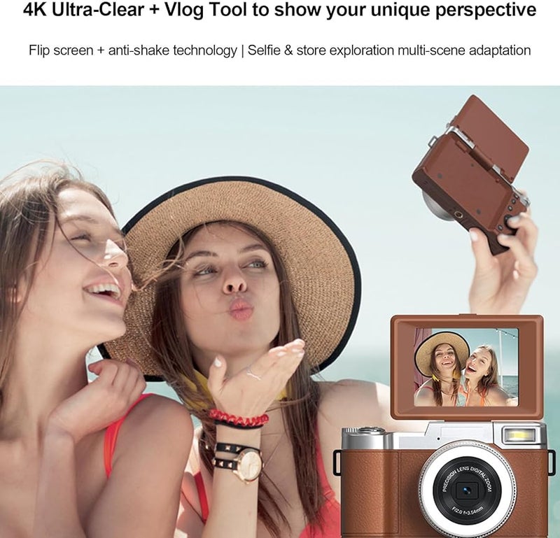 Vbestlife 4K 48MP Digital Camera 18X Zoom Autofocus Vlog Camera With 180 Flip Screen Compact Travel Camera For Beginner Teens Brown - Image 4