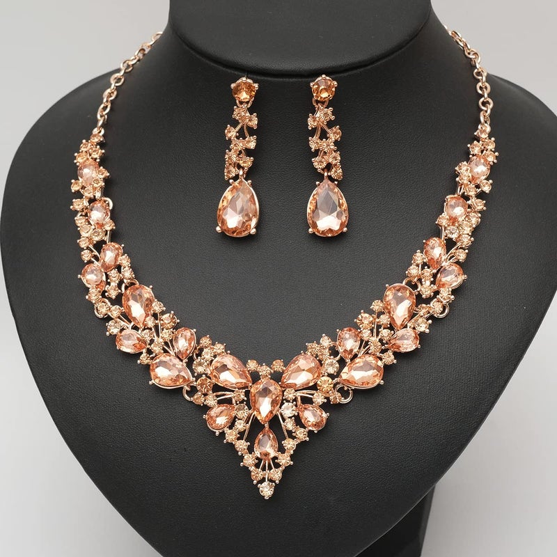 CSY 4 Pcs/Set Austrian Crystal Necklace Earrings Bracelet Ring Bridal Jewelry Sets for Brides Wedding Party Costume Accessories Gifts for Women (02-rose gold-peach) - Image 3