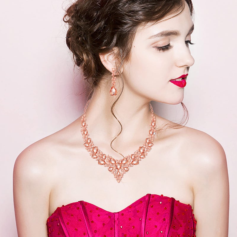 CSY 4 Pcs/Set Austrian Crystal Necklace Earrings Bracelet Ring Bridal Jewelry Sets for Brides Wedding Party Costume Accessories Gifts for Women (02-rose gold-peach) - Image 2