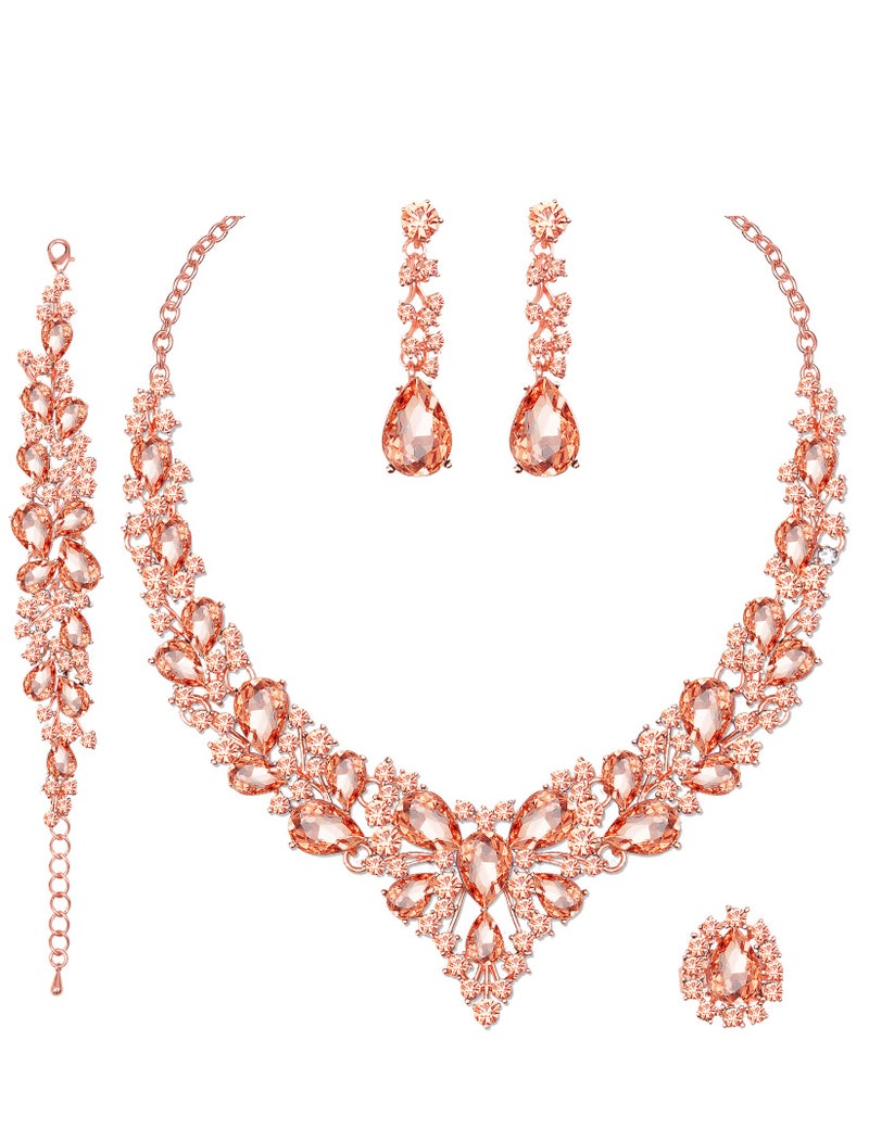 CSY 4 Pcs/Set Austrian Crystal Necklace Earrings Bracelet Ring Bridal Jewelry Sets for Brides Wedding Party Costume Accessories Gifts for Women (02-rose gold-peach) - Image 1