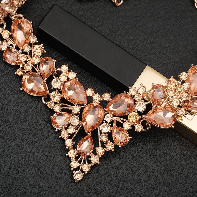 CSY 4 Pcs/Set Austrian Crystal Necklace Earrings Bracelet Ring Bridal Jewelry Sets for Brides Wedding Party Costume Accessories Gifts for Women (02-rose gold-peach) - Image 5