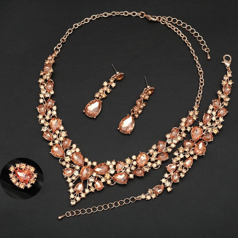 CSY 4 Pcs/Set Austrian Crystal Necklace Earrings Bracelet Ring Bridal Jewelry Sets for Brides Wedding Party Costume Accessories Gifts for Women (02-rose gold-peach) - Image 4